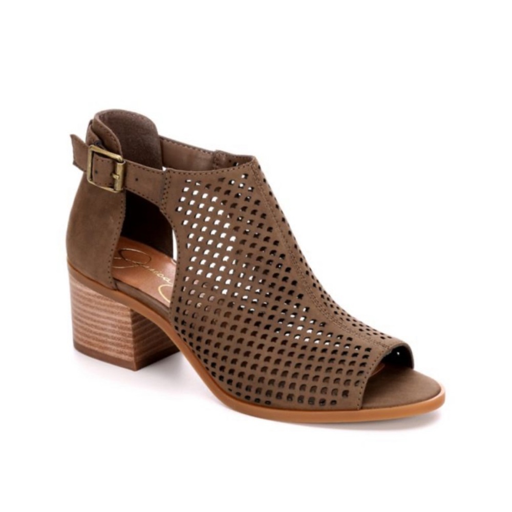 Jessica Simpson Dark Brown Taupe Barri Perforated Sandal Block Heel